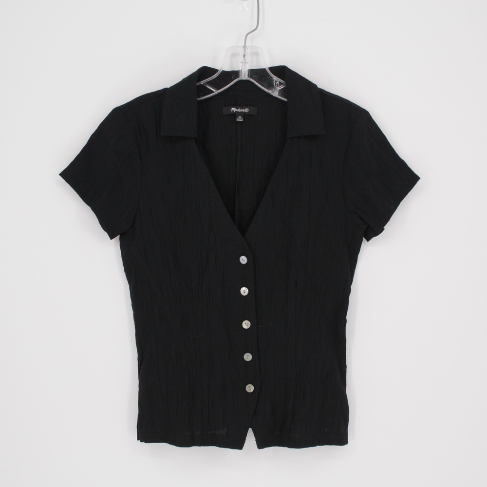 Madewell Women's Black Crinkle Button Front Short Sleeve Top Size XS